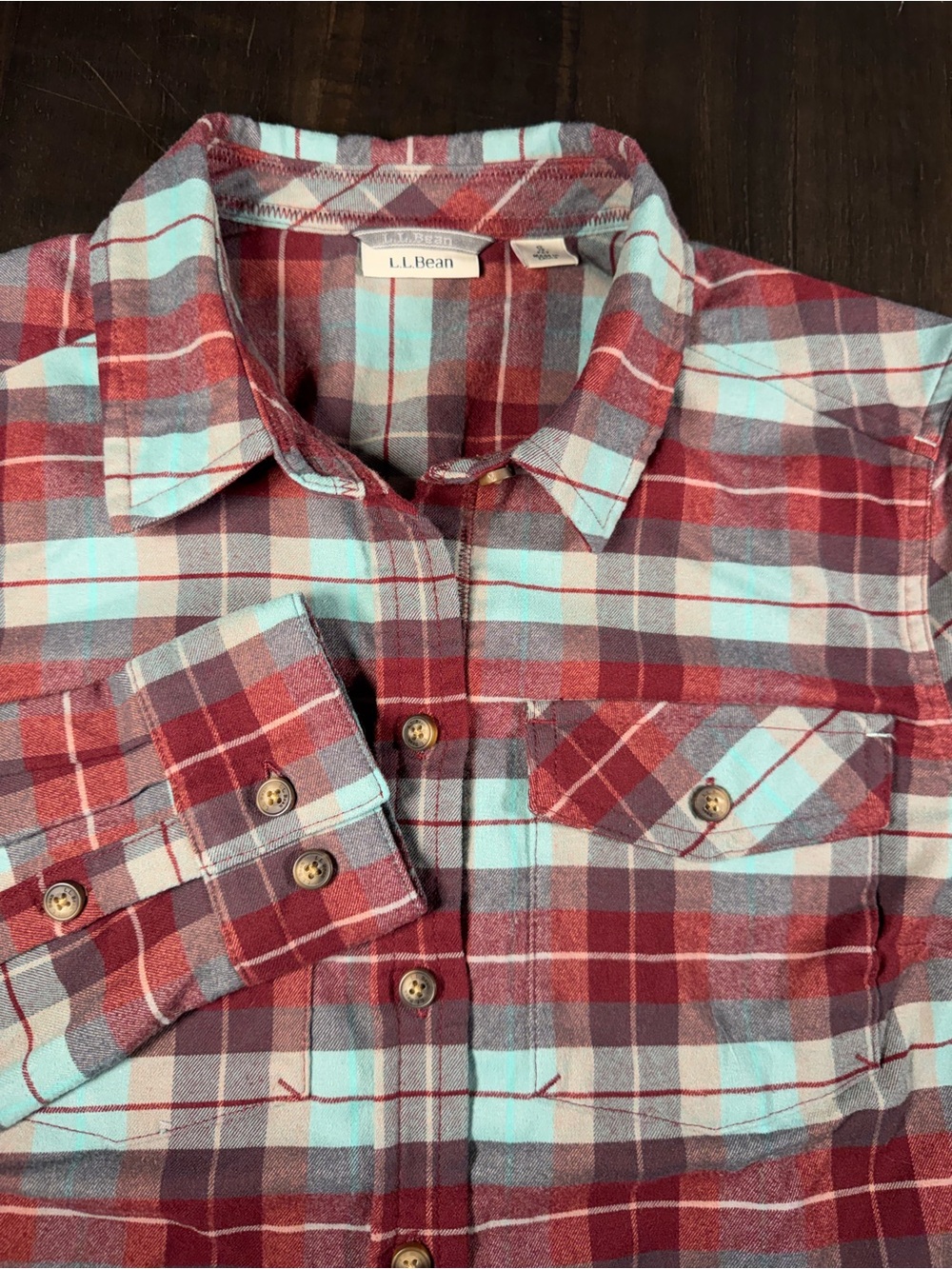 L.L. Bean Red and Light Blue Plaid Button-Down Shirt Size S